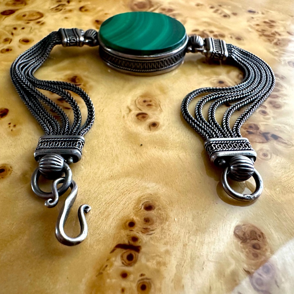 Vintage 925 Silver Malachite Bracelet Native - Picture 3 of 15